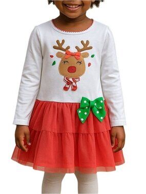 Bonnie Jean Girls Size 6 Dress Tutu Rudolph Long Sleeve Holiday White Red